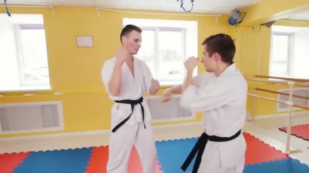 Dva muži si v ateliéru cviči aikido. Výcvik jejich rvaček — Stock video