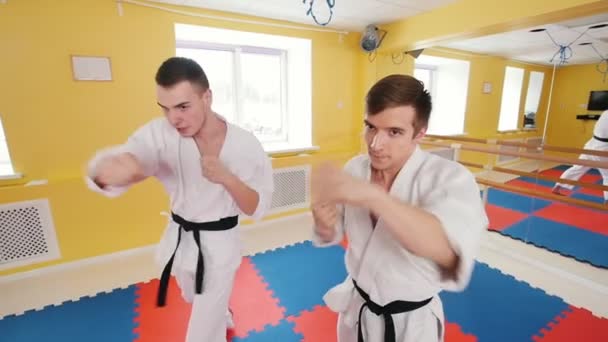 Dois homens treinando suas habilidades de aikido no estúdio. A treinar os seus combates. Bater no ar com os punhos — Vídeo de Stock