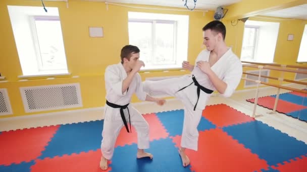Dva muži si v ateliéru cviči aikido. Cvičí jejich boj. Ochrana před zasažte nohou — Stock video