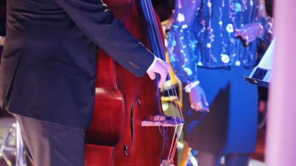 Un concierto de jazz en la sala de conciertos. Un hombre tocando el violonchelo — Vídeos de Stock
