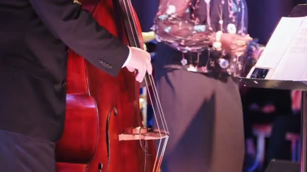 Un concierto de jazz en la sala de conciertos. Un hombre tocando el violonchelo y el vocalista cantando en el fondo — Vídeo de stock