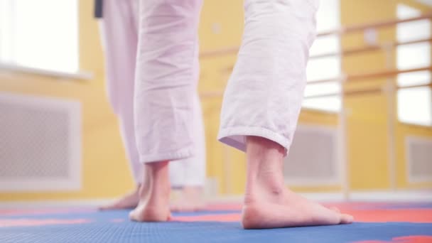 Zwei Männer trainieren ihre Aikido-Fertigkeiten im Studio. den Gegner auf den Boden werfen — Stockvideo