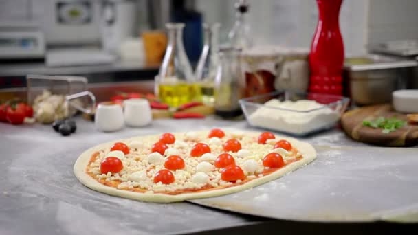 Restaurang kök. En som sätter pizza i baka — Stockvideo
