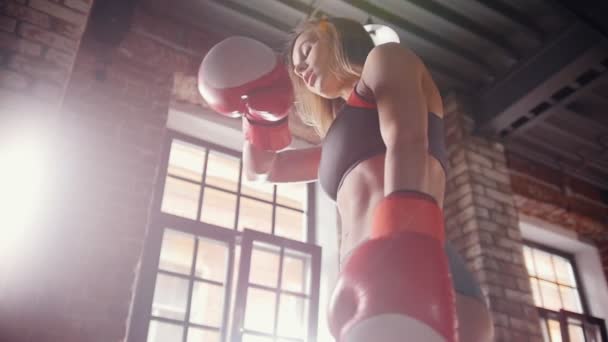 Een vermoeide vrouw Boxer na het raken van de ponsen tas — Stockvideo