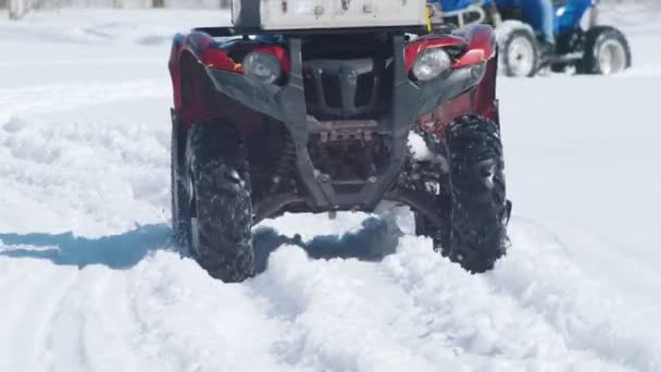 Personas en ropa de invierno montando motos de nieve — Vídeo de stock