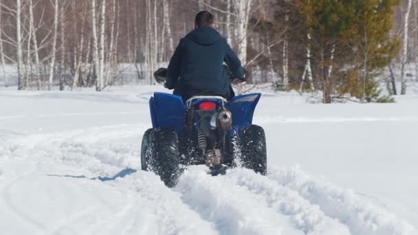 冬季森林一个人骑着一辆大雪地摩托。后视图 — 图库视频影像