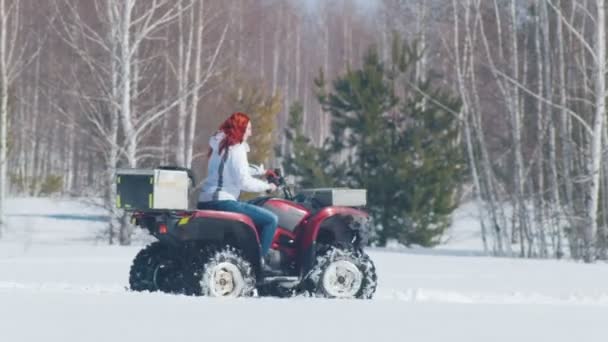 Зимний лес. Женщина с рыжими волосами катается на снегоходе днем — стоковое видео