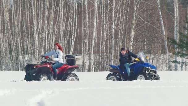 Un bosque de invierno. Clima frío. Un hombre solucionando el problema con la moto de nieve y la mujer a su alrededor — Vídeo de stock