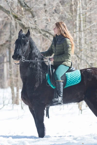 Une forêt d'hiver. Une femme avec de longs cheveux veste verte chevauchant un cheval brun foncé — Photo