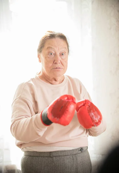 An angry old woman in sweater and boxing gloves is ready to fight
