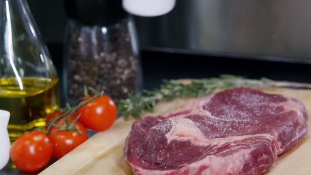 A trabalhar na cozinha. Chef preparando a carne com salga — Vídeo de Stock