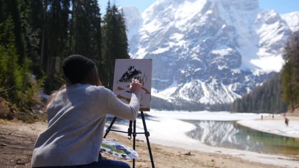 Δολομίτες. Μια νεαρή γυναίκα που ζωγραφίζει βουνά και δάση σε έναν καμβά — Αρχείο Βίντεο