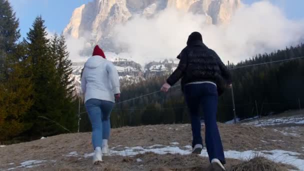 Duas jovens mulheres felizes viajando correndo em direção à floresta e pulando — Vídeo de Stock