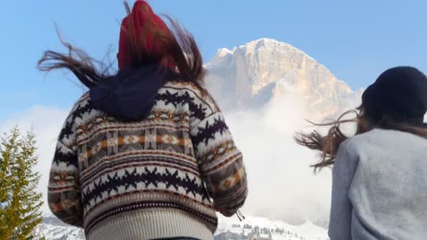 Zwei junge Frauen, die in ein Gebirge rennen. glücklich hüpfend und umarmt — Stockvideo