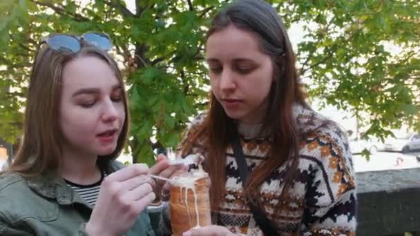 Dos mujeres jóvenes sentadas en el parque y comiendo helado checo con una cuchara de plástico — Vídeos de Stock