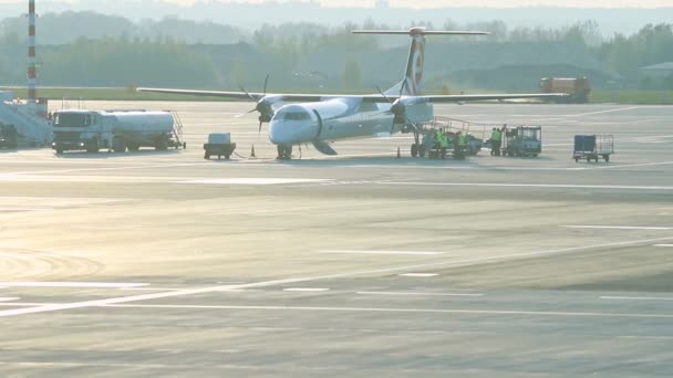 Trabalhadores de pé perto do avião no campo do aeroporto — Vídeo de Stock