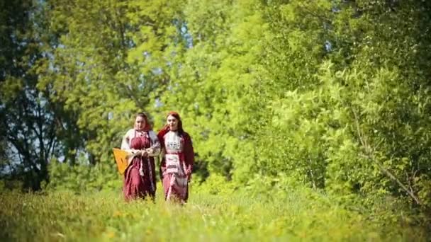 Dos mujeres jóvenes con ropa tradicional rusa caminando por el campo y cantando una canción - una de ellas sosteniendo balalaika — Vídeos de Stock