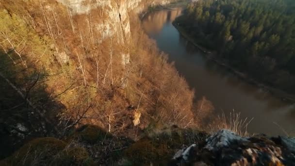 Вид на реку и зеленый лес. Вид с горы. Оператор показывает, насколько высока гора — стоковое видео