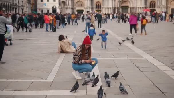 Una joven está sentada en la plaza en público. Alimentar a las palomas . — Vídeo de stock