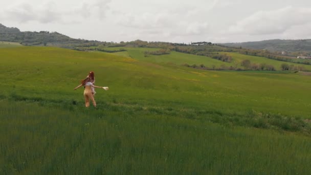 二人の若い女性が夏のフィールドで旋回して踊ります。イタリア、トスカナ. — ストック動画