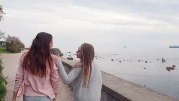 Deux jeunes femmes marchant sur le quai et embrassant — Video