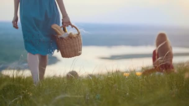 Två härliga kvinnor sitter på fältet och har en picknick-en kvinna tar korgen med baguette och vin och sätter sig ner med en annan kvinna — Stockvideo