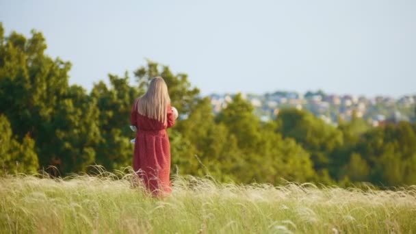Een vrouw met haar kleine baby lopen op het veld — Stockvideo