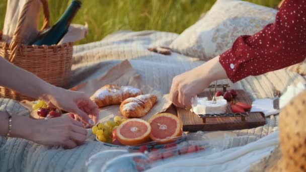 Dvě ženy s piknikovým ovocem a zákusky na přikrývce — Stock video