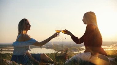 Birkaç lezbiyen piknik yapıyordu. Onlar şarap gözlük Clink