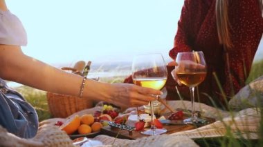 İki genç kadın piknik yapıyor. Onlar gözlük yükseltmek ve orada Clink.