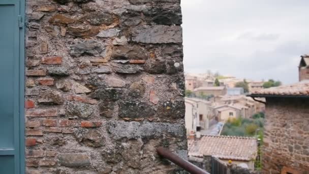 Une jeune femme avance dans la rue. Puis montrer une vue depuis le toit de la ville . — Video