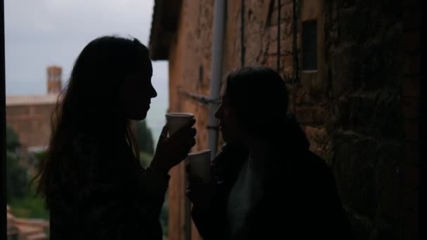 Две женщины стоят на балконе и разговаривают - силуэты — стоковое видео