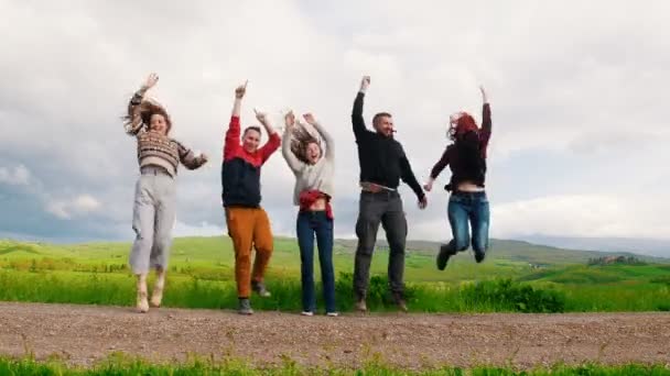 Cinq jeunes gens sautent et rient sur le fond d'un champ vert . — Video