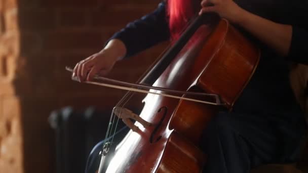 Mulher mão tocando violoncelo no estúdio . — Vídeo de Stock