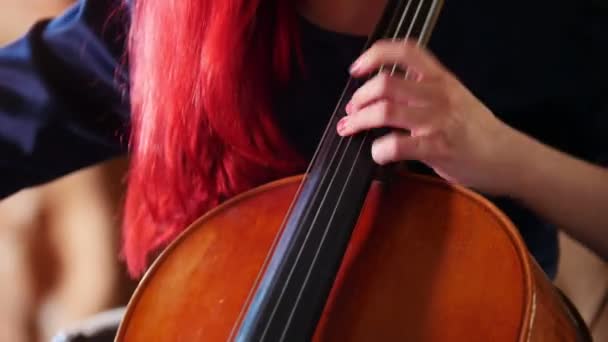 Na violoncello hraje mladá žena-z vrcholu na dno se kamera zvedá. — Stock video