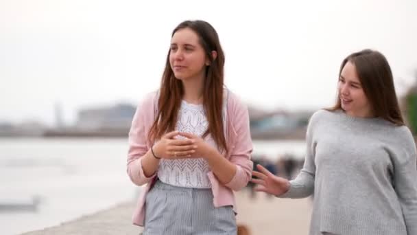 Dos mujeres felices caminan por el terraplén frente al mar — Vídeos de Stock