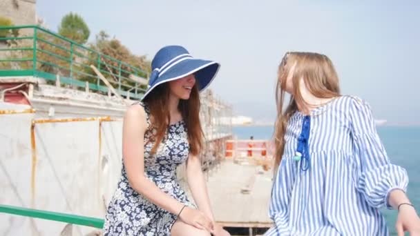 Duas jovens mulheres sentadas à beira-mar e conversando — Vídeo de Stock