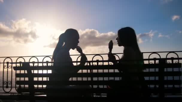 Две молодые женщины сидят на набережной и едят мороженое — стоковое видео