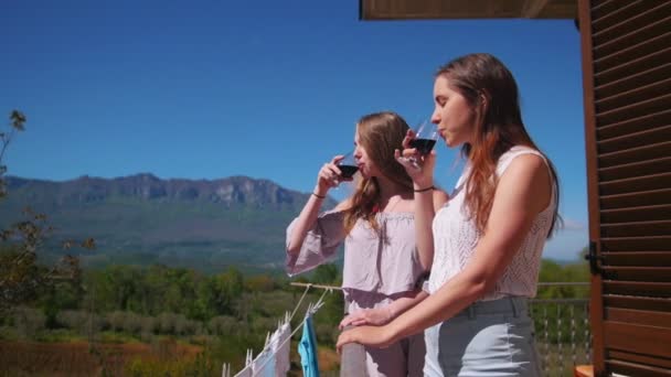 Две девушки стоят на балконе и пьют красное вино. — стоковое видео