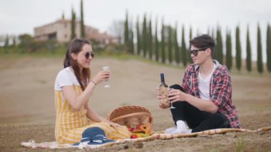 Genç bir çift piknik yapıyor ve şarap içiyor - şerefe
