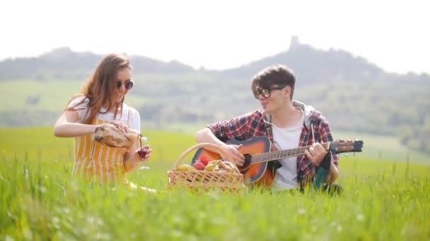 一对年轻夫妇坐在明亮的绿色草地上——一个男人在弹吉他，而他的女朋友在玻璃杯里倒酒 — 图库视频影像