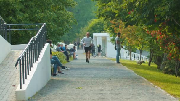 De atletische man bodybuilder en langs het zomerpark — Stockvideo