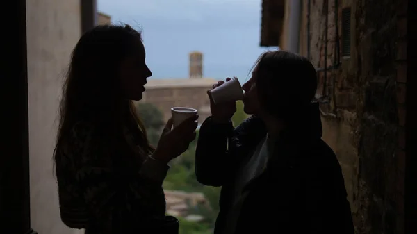 На балконе стоят силуэты двух молодых женщин - пьют кофе и разговаривают — стоковое фото