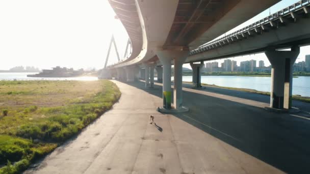 Jonge vrouw rijdt op een skateboard onder de brug — Stockvideo