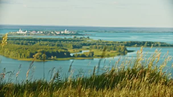 Een landschap-gras en spikes fladderen in de wind-wazig zicht op een klein stadje op het eiland — Stockvideo