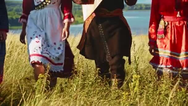 Pessoas em roupas tradicionais russas andando na grama alta — Vídeo de Stock