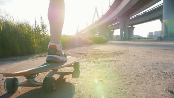 Junge Frau mit schönen Beinen beim Skateboardfahren unter der Brücke - gleißendes Sonnenlicht — Stockvideo