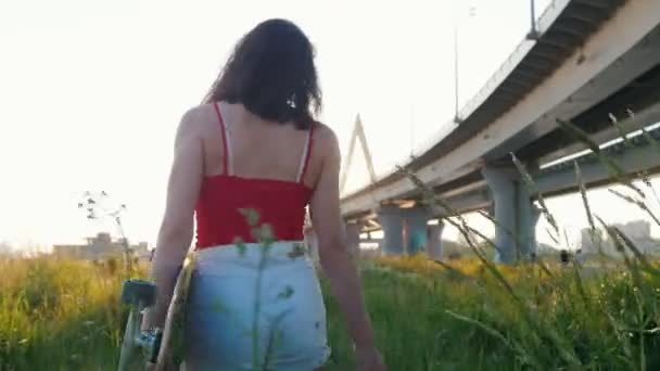 Молодая женщина ходит среди высокой травы, держа скейтборд - закат - городской мост — стоковое видео