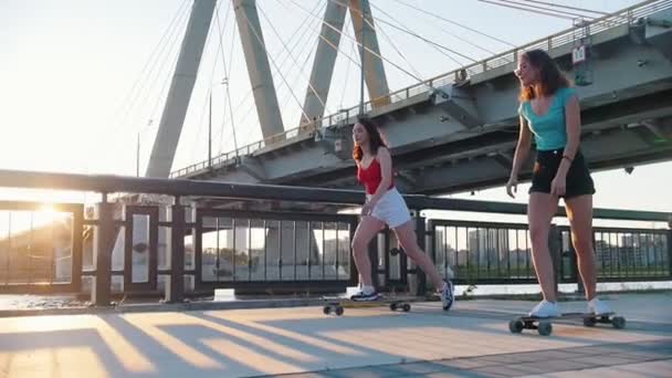 Jonge vrienden rijden Skateboards op de waterkant-zonsondergang — Stockvideo