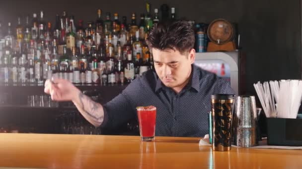 Junger professioneller Barkeeper steckt Minze in zubereiteten Cocktail und schiebt lächelnd vor — Stockvideo